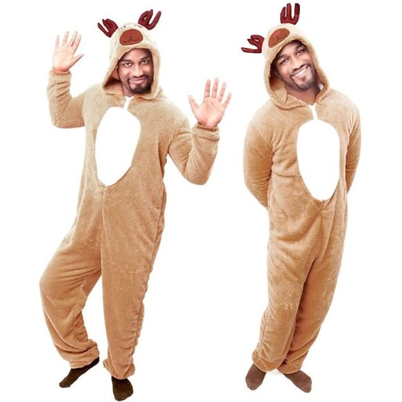 Reindeer Men's Pajamas Fleece Christmas Costumes Onesie Party Jumpsuit S… - Picture 1 of 3